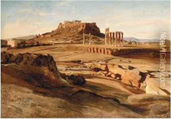 View Of The Acropolis From The Elissos River Oil Painting - Carl Johan Neumann