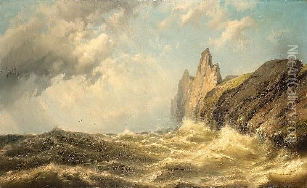 A Coastal Scene, Possibly Off The Needles Oil Painting - Johannes Hermann Barend Koekkoek