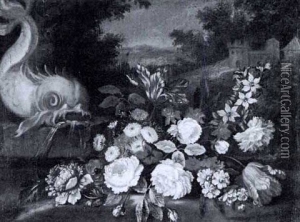 Tulips And Other Flowers On A Ledge By A Fountain In A Landscape Oil Painting - Jean-Baptiste Monnoyer