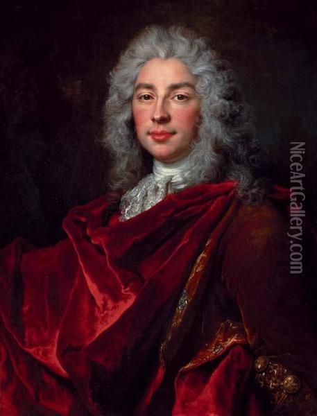 Portrait Of A Gentleman, Half-length, In A Brown Coat And Crimson Shawl Oil Painting - Nicolas de Largillierre