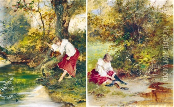 Stepping Into The Stream (+ Dressing Woman, Smaller; 2 Works) Oil Painting - Antal (Laszlo) Neogrady