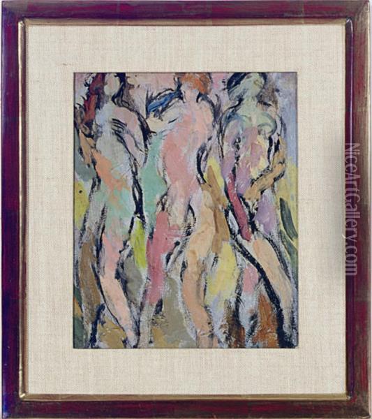 Three Figures With Greenish Background Oil Painting - Eugenie Baizerman