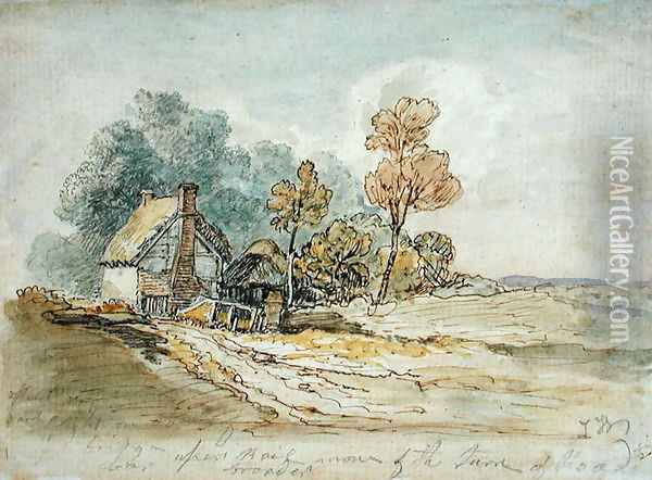 A Thatched Cottage and Trees at the Turn of a Country Road Oil Painting - James Ward