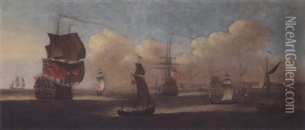 British Flagship Ond Other Men Of War Off Sheerness Oil Painting - Isaac Sailmaker