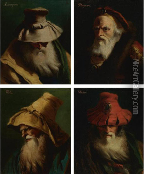 Head Studies Of Three Greek Philosophers, 
Anaxagoras, Thales, And Diogenes,
 And One Greek General, 
Phocion Oil Painting - Giovanni Domenico Tiepolo