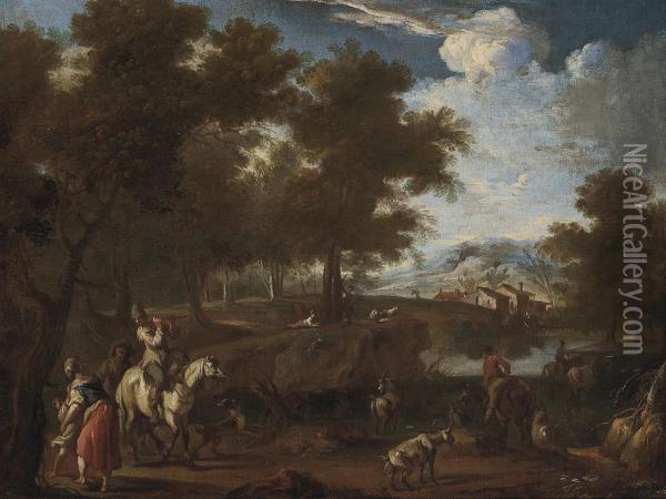 A Wooded River Landscape With Drovers And A Minstrel On A Track Oil Painting - Paolo Monaldi