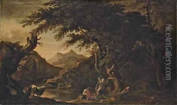 Argus, Io and Mercury in an extensive river landscape Oil Painting - Salvator Rosa