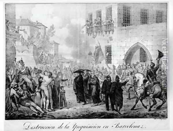 Destruction of the Inquisition in Barcelona Oil Painting - Hippolyte Lecomte