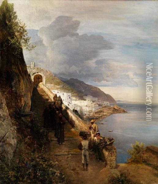 Die Kuste Von Amalfi Mit Der Stiege Zumkapuzinerkloster Oil Painting - Oswald Achenbach