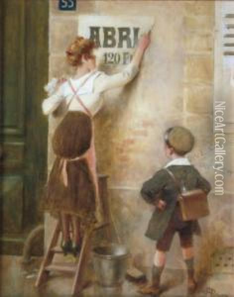 L'ecolier Et La Jeune Femme Decollant Une Affiche A La Fin De La Guerre Oil Painting - Albert Guillaume