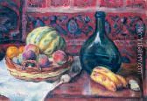 Brzoskwinie, Melon, Banany; [martwa Natura Z Zielona Butla], 1924 R. Oil Painting - Jozef Pankiewicz