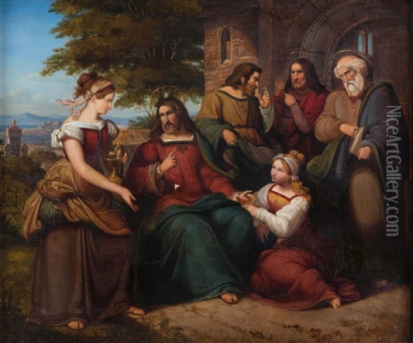 Jesus Mit Zwei Jungen Frauen, Wohl Martha Und Maria, Und Drei Aposteln In Landschaft Oil Painting - Julius Schnorr Von Carolsfeld