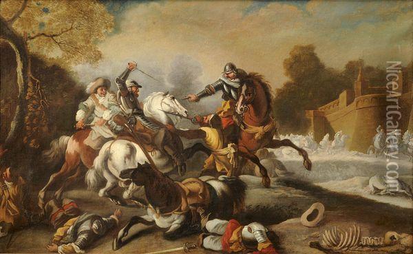 Choc De Cavalerie Pres Des Remparts Oil Painting - Jacques Courtois Le Bourguignon