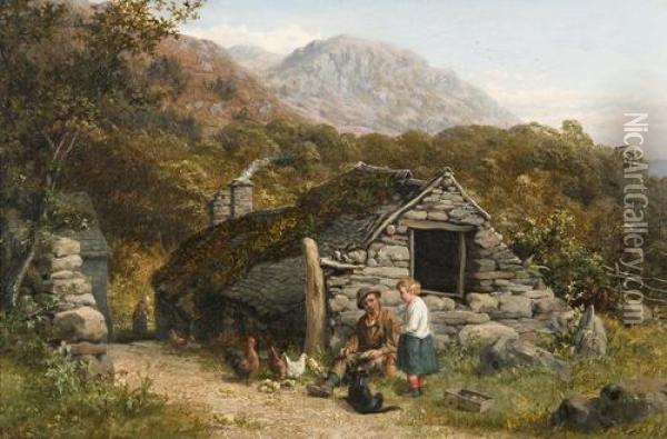 Figures And Chickens Before A Stone Cottage Oil Painting - Valentin Walter Bromley