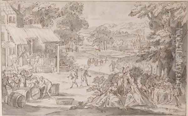An extensive landscape with an elegant company watching the gathering of the vintage Oil Painting - Jan Luyken