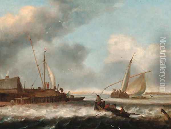 A fishing boat and a rowing boat off shore Oil Painting - Simon De Vlieger
