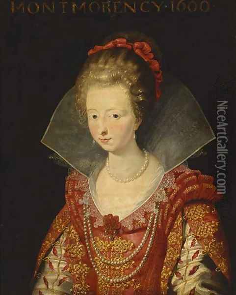 Portrait of Charlotte-Marguerite de Montmorency, Princess of Conde , bust-length, in a red dress with slashed sleeves and a white ruff, and red ribbon Oil Painting - Sir Peter Paul Rubens