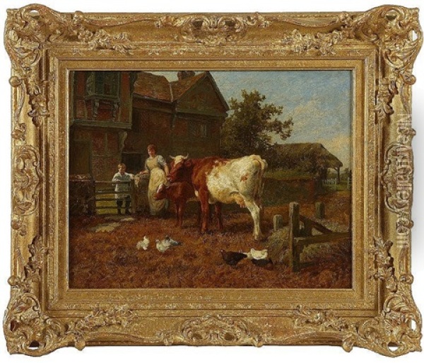 Farmyard Scene, With Woman And Boy Watching A Cow And Calf With Doves And Hens Oil Painting - Charles Collins II