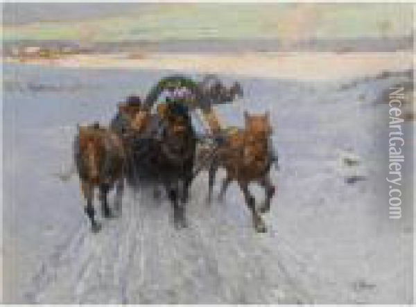 Troika Racing Through The Snow Oil Painting - Franz Roubaud