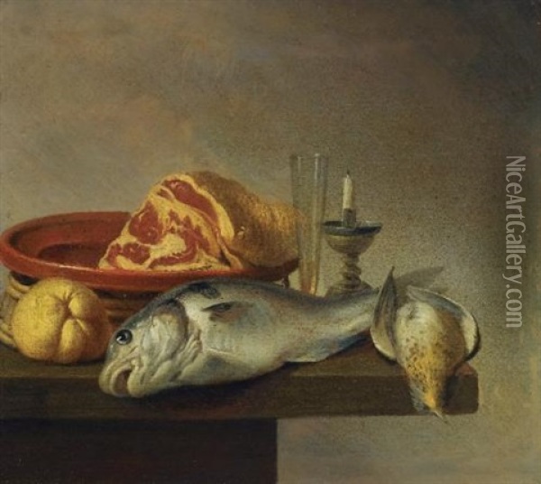Still Life With A Ham, A Fish, A Candle And Other Objects Arranged On The Edge Of A Tabletop (+ Still Life With A Ewer And Some Fruit On A Partly-draped Stone Ledge; Pair) Oil Painting - Harmen Steenwyck