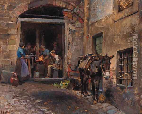 A donkey outside a forge Oil Painting - Alfons Hollaender