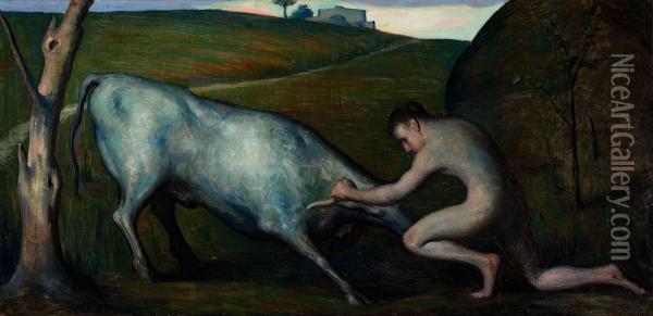Nude With Bull Oil Painting - John Hemming Fry