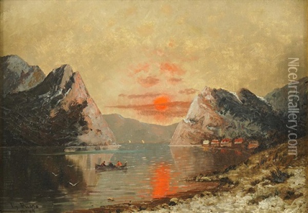 Abendrot Uber Norwegischem Fjord Oil Painting - Therese Fuchs