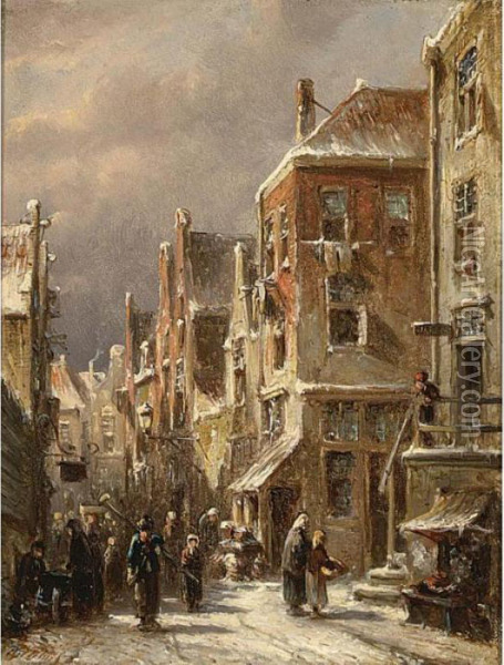 Villagers In The Streets Of A Wintry Dutch Town Oil Painting - Pieter Gerard Vertin