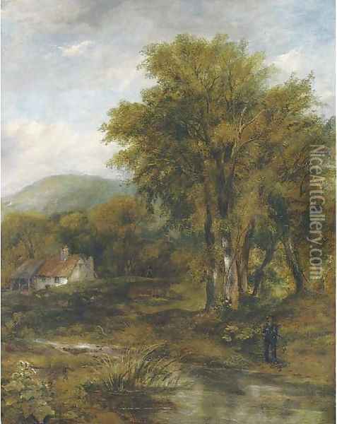 An angler in a wooded river landscape, a cottage beyond Oil Painting - Frederick Waters Watts