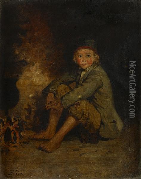 A Boy Seated By A Fire Oil Painting - Erskine Nicol