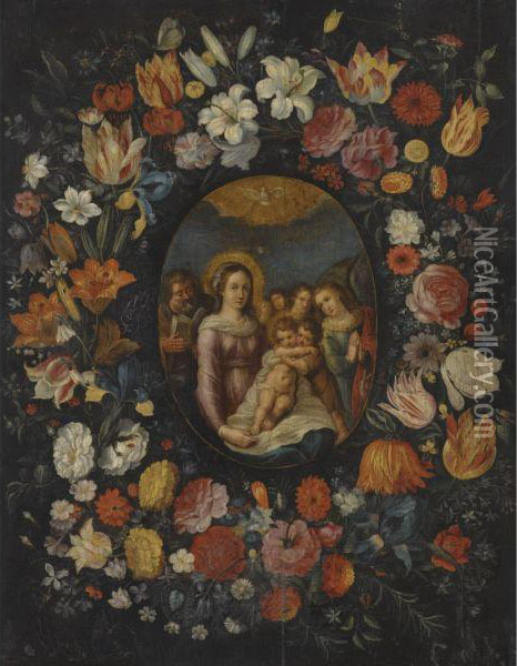 The Virgin And Child With Saint John The Baptist And Josephsurrounded By A Garland Of Flowers Oil Painting - Frans III Francken