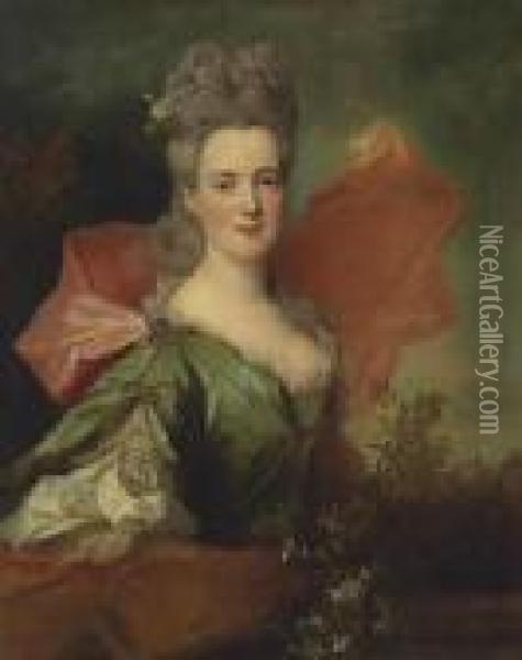 Portrait Of A Lady In A Green Oil Painting - Nicolas de Largillierre
