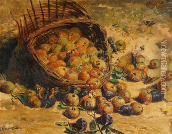 Korg Med Frukt Samt Insekter, Stilleben Oil Painting - Achille Theodore Cesbron