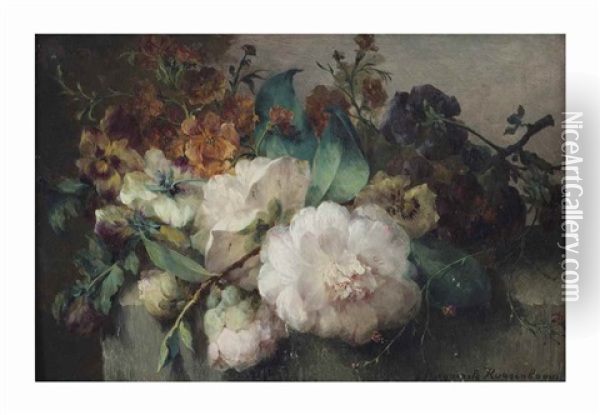 Peonies And Violets On A Stone Ledge Oil Painting - Margaretha Roosenboom