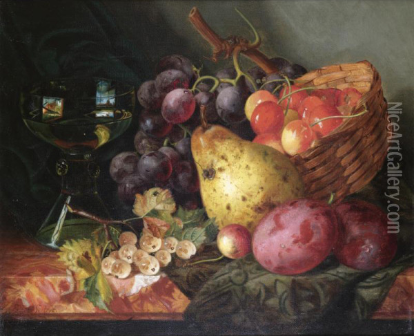 Still Life With A Basket Of Cherries, A Pear, Plums And White-currants On A Marble Ledge Oil Painting - Ellen Ladell