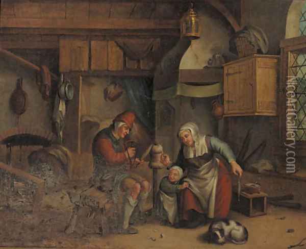 An old couple spinning wool in an interior, a child nearby Oil Painting - Jan-Anton Garemyn