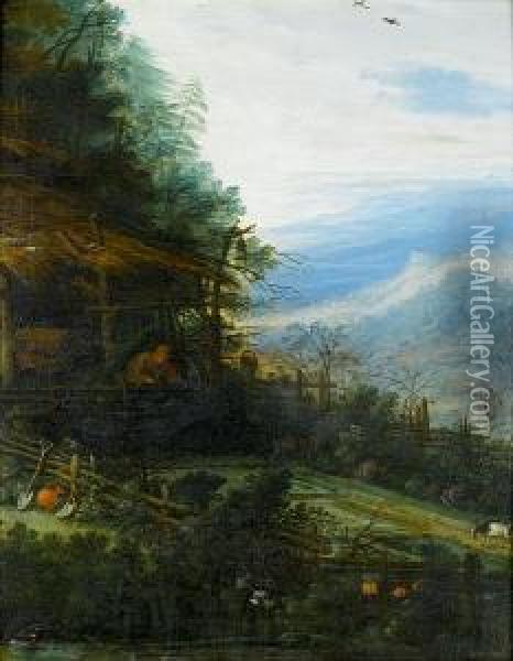 A Mountainous Landscape With A Figure Reading Before A Cottage Oil Painting - Joseph van Bredael