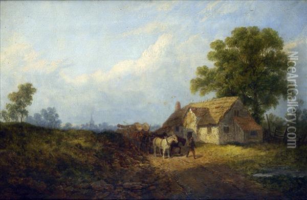 Near Dorking,surrey, With Timber Wagon And Cottage Oil Painting - Richard Hilder