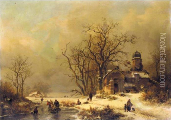 Figures In A Winter Landscape Oil Painting - Frederik Marianus Kruseman
