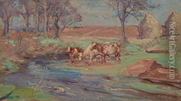 Spring Time Gogar Burn (+ 2 Others, Studies; 3 Works) Oil Painting - John Campbell Mitchell