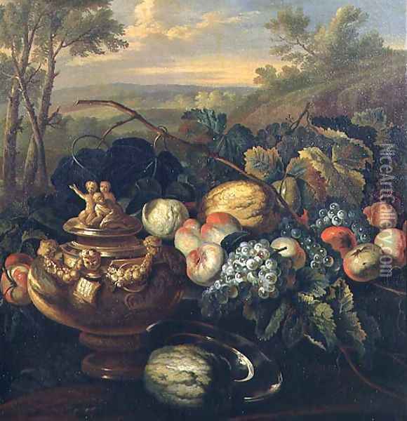 Urn and Fruit in a Landscape Oil Painting - (circle of) Ruoppolo, Giovanni-Battista