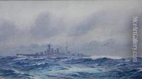 Hms Hood In The Atlantic Oil Painting - Alma Claude Burlton Cull