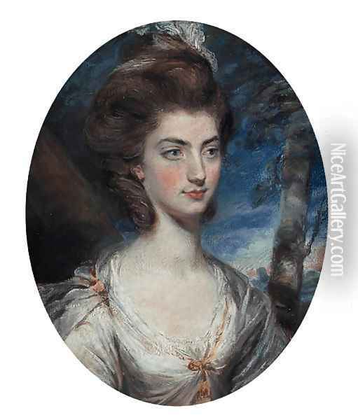 Portrait of Lady Charlotte Hill, Countess Talbot, bust-length, in a white dress with gold trim, in a landscape Oil Painting - Daniel Gardner
