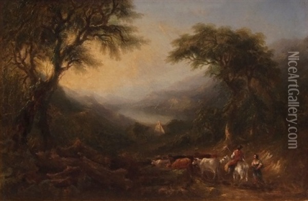 Figures And Cattle In North Wales Landscape Oil Painting - Frederick Henry Henshaw