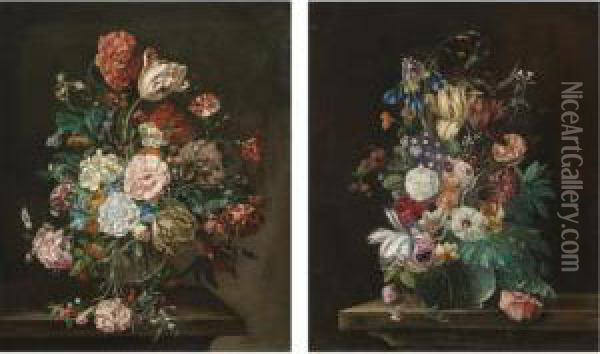 A Still Life With A Bouquet Of 
Flowers In A Glass Vase, Including A Parrot Tulip, Carnations And Red 
Berries; A Still Life With A Bouquet Of Flowers In A Glass Vase 
Including A Blue Iris, Pink Roses And A Sprig Of Blackberries Oil Painting - Rachel Ruysch