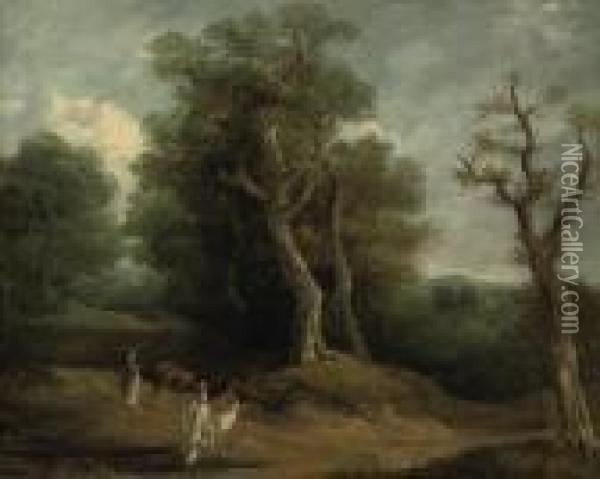 A Wooded Landscape With A Drover And Her Cattle On A Track Oil Painting - John Rathbone