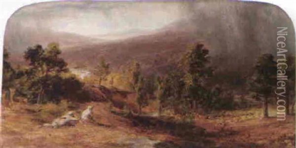 Figures Stalking Deer In A Wooded Highland Landscape Oil Painting - James William Giles