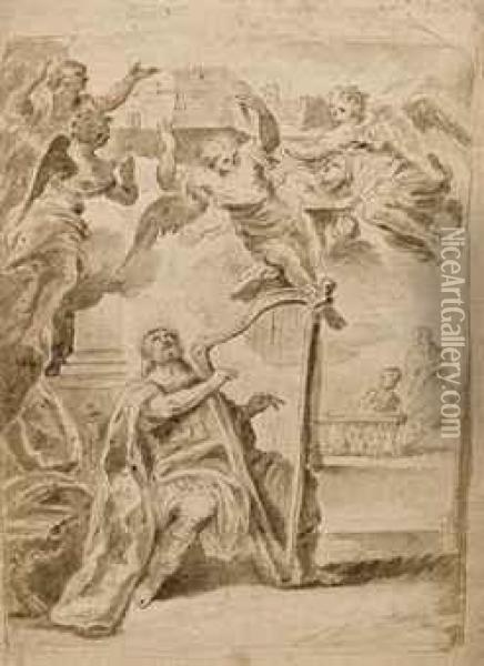 King David Playing The Harp And Experiencing A Vision Of The New Jerusalem Oil Painting - Carlo Innocenzo Carloni