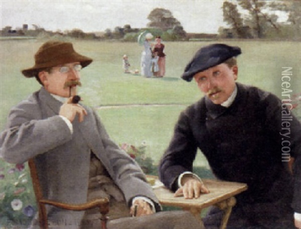 Frederick Mistral Engaged In Conversation Oil Painting - Edmond Debon