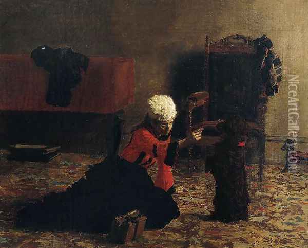 Elizabeth Crowell with a Dog Oil Painting - Thomas Cowperthwait Eakins